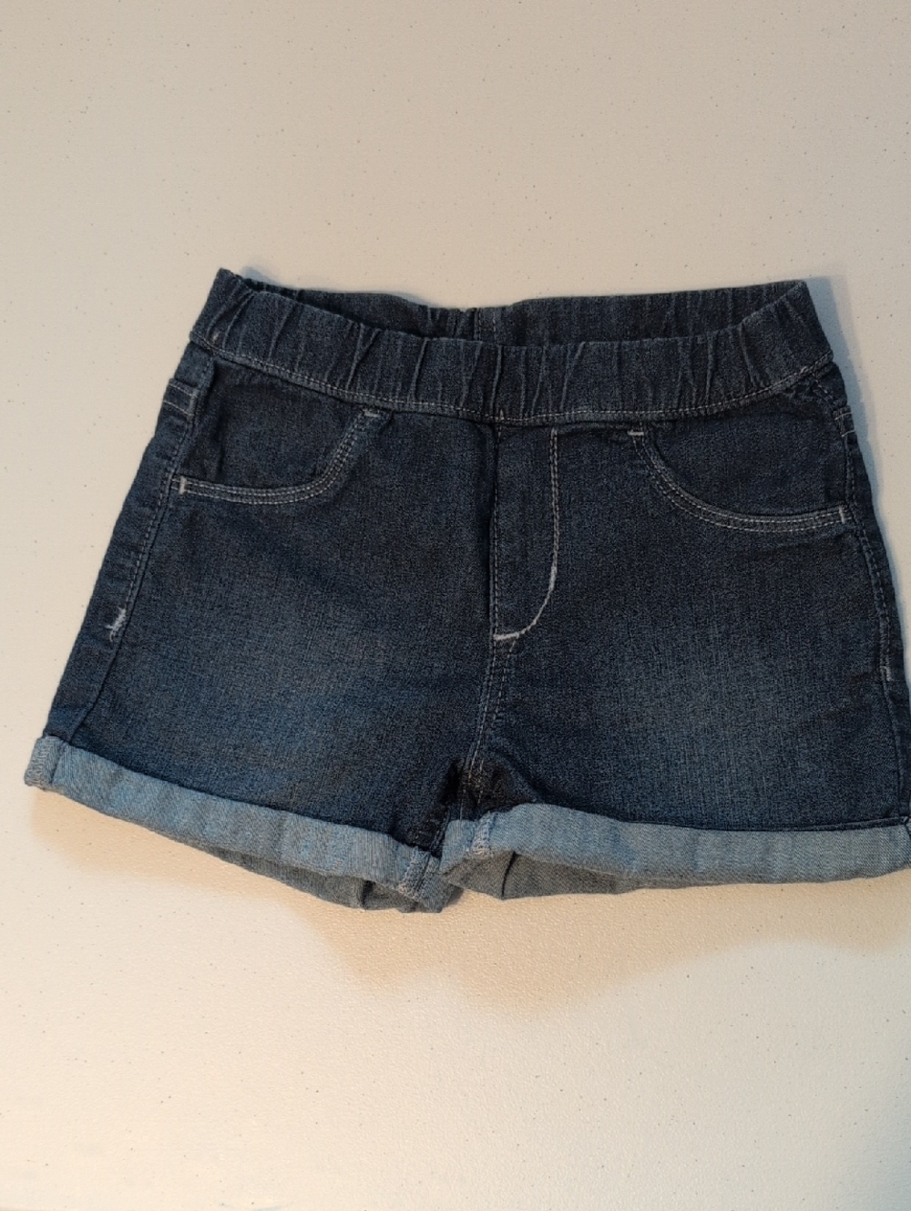 H&M Dark Blue Denim Roll-Cuff Elastic-Waist Shorts